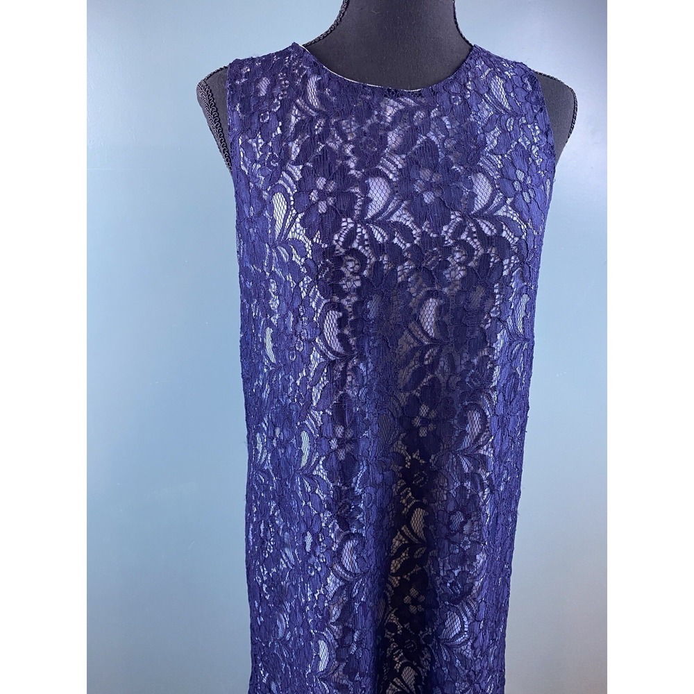 Navy‎ Blue Floral Lace Sleeveless Shift Dress Round Neck Midi Elegant Cocktail - Picture 8 of 16